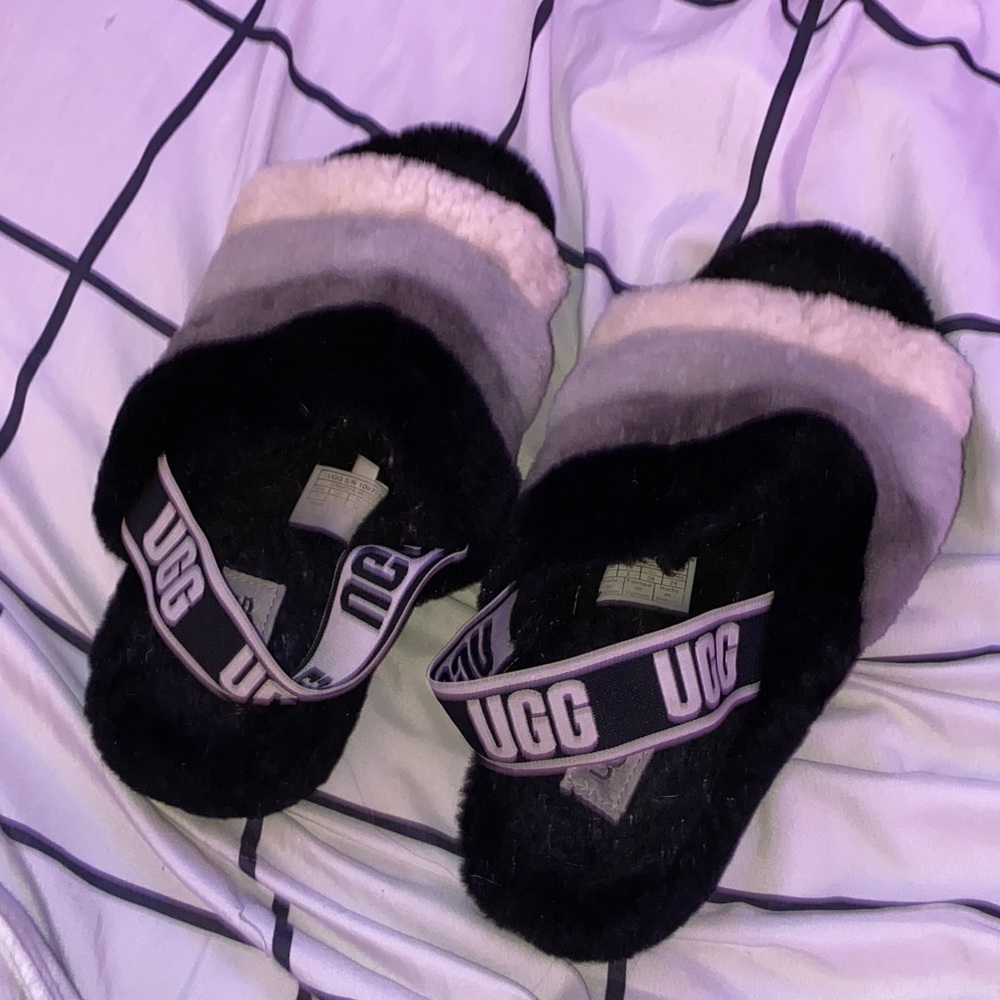 UGG Black and Gray Fluffy Slippers